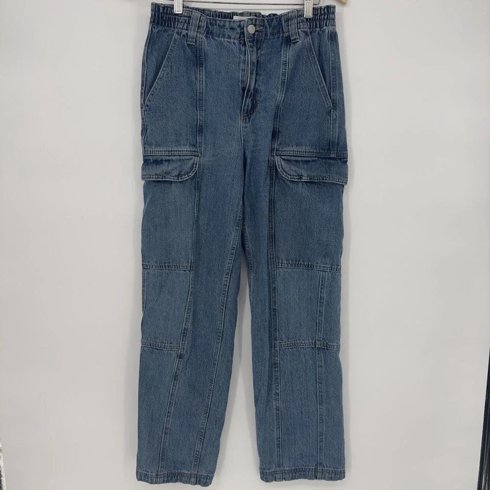 Forever 21‎ Womens Medium Wash Blue Denim Cargo Utility Pants Seam Detail Size S
